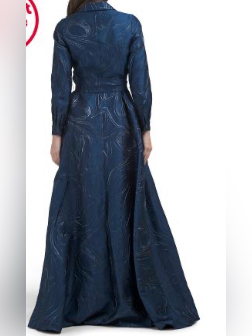 TERANI COUTURE Navy Sleeveless Button Down Jacquard Shirt Gown W/Attached Sash - Picture 4 of 4